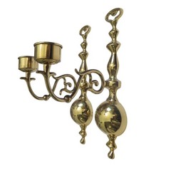 Vintage Solid Brass Wall Sconce Candle Holders Pair Polished Gold Spindle 12.5in