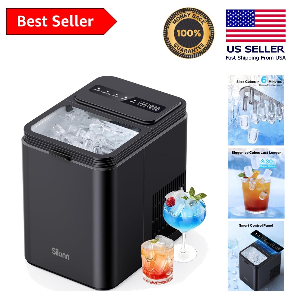 Compact Countertop Ice Maker: 8 Cubes/6 Min, 26.5 lbs Capacity, Portable & Clean