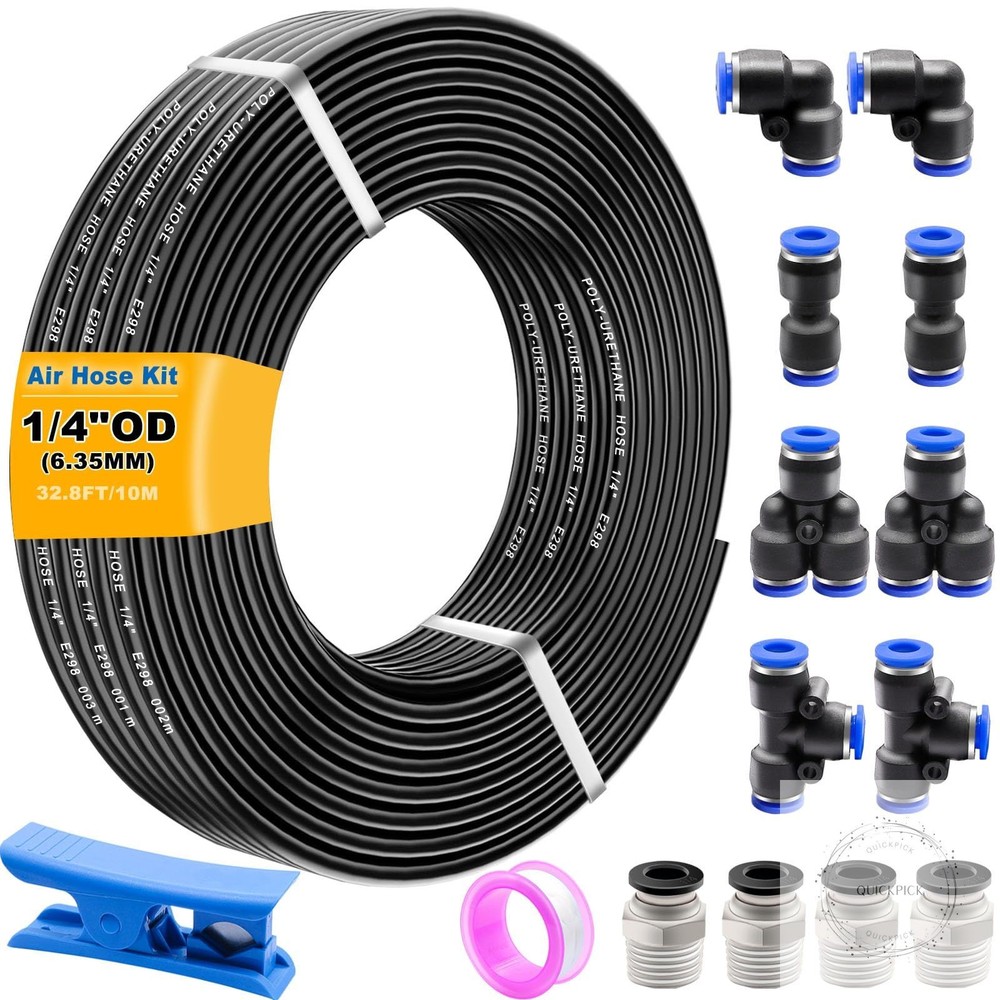 Air Line Tubing Kit,1/4″ Air Hose,1/4″ (6.35MM) OD 32.8FT Polyurethane PU Air