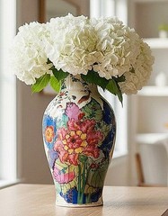 Colorful Chinoiserie Porcelain Vase. Tobacco Leaf Pattern (14.50”H)