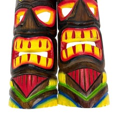 Set of 2 Tiki Wall Masks Hand Carved Wood 19.75 in Parrot Skull Decor