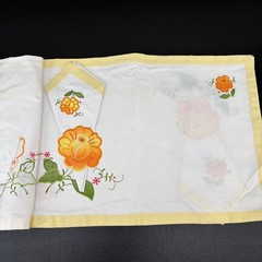 Vintage Handmade Placemat Napkin Set 8pc Floral Embroidered White Yellow Cotton