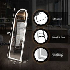 LED Full Length Standing Mirror Arched/Rectangle 3 Color Lights. Hang/Lean.