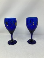 2 Libbey Cobalt Blue Celestial Sun Moon Stars Wine Water Glass Goblet Glass 7.5”