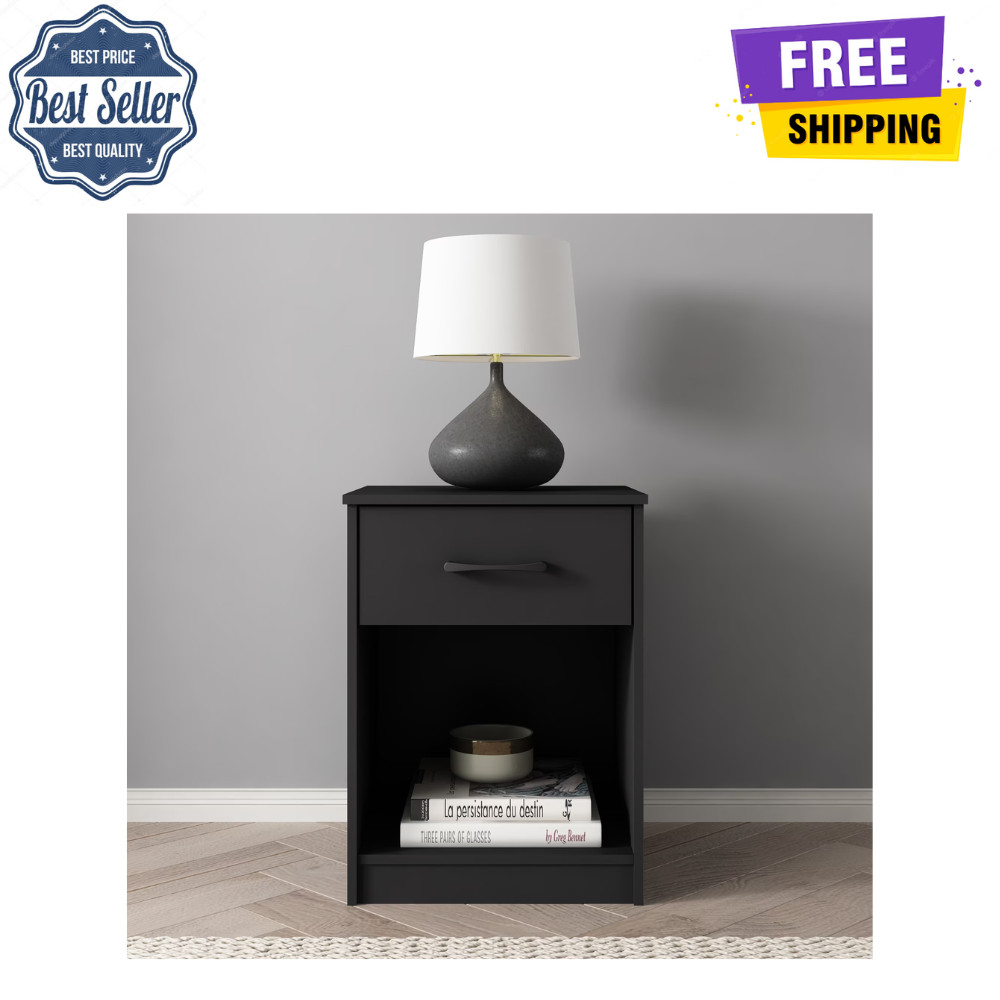 Mainstays Ardent Nightstand, 1 Drawer Bedside Table, Wood Storage Cabinet, Black