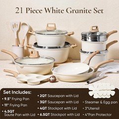 CAROTE 21 Pcs Pots and Pans Set, Nonstick Cookware Sets, White Granite Induction