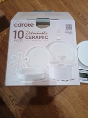 Carote 10pc Ceramic Nonstick Cookware Set with Detachable Handle -Cream NOB-Read