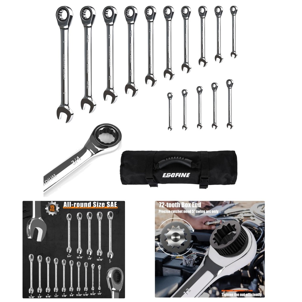 Effortless Adjustment – 15-Piece Ratcheting Wrench Set in Chrome Vanadium Steel