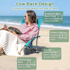 Low Beach Chairs for Adults 2 Pack, Lightweight Folding Sand Chairs with Breatha