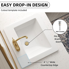 21″x18″ White Drop-In Bathroom Sink Ceramic Rectangular 4″ Centerset Faucet Hole