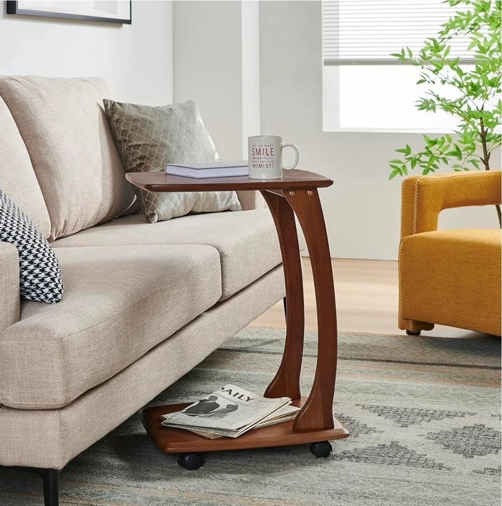 Emerson Solid Wood End Table with Rolling Wheels, C Shaped Side Table, TV…