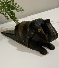 Vtg Wood Brass Hand Carved Elephant Wedge Trunk Up Doorstop Sculpture Statue