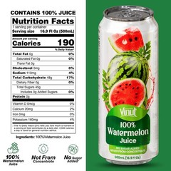 VINUT 100% Watermelon Juice, No Added Sugar, 16.9 fl oz (500 mL) Can, Pack of 6