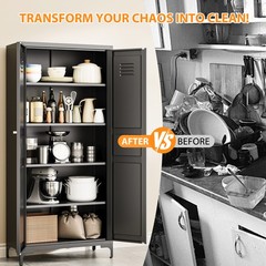 White Metal Pantry Cabinet with 4 Adjustable Shelves, Tall Freestanding Storage