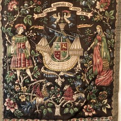 Vintage French Wall Hanging Decor Tapestry Fabric Panel Barques des Amours 24×28