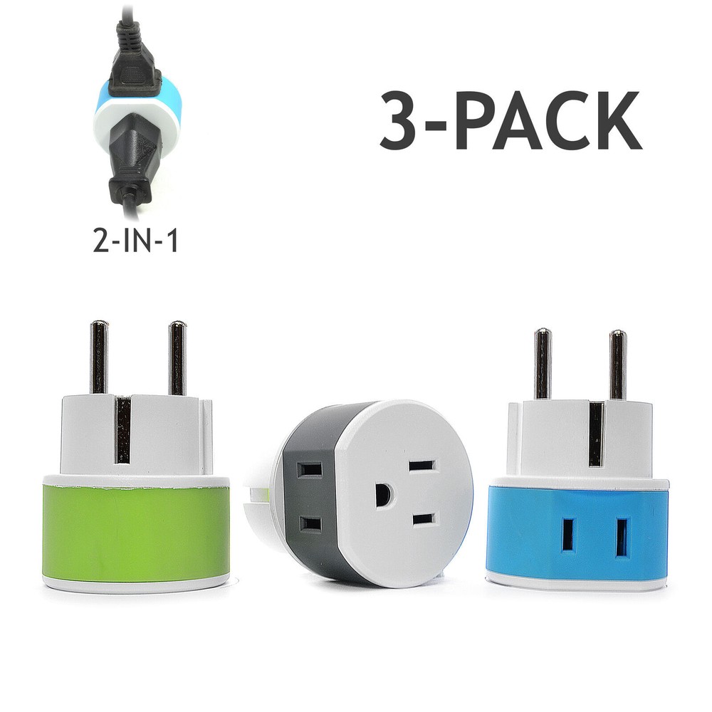 OREI Germany, France Travel Plug Adapter – 2 USA Inputs – 3 Pack- Type E/F