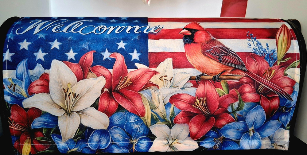 Magnetic Patriotic Cardinal Mailbox Cover – 4th of July / anytime ( 21″ x 18″)