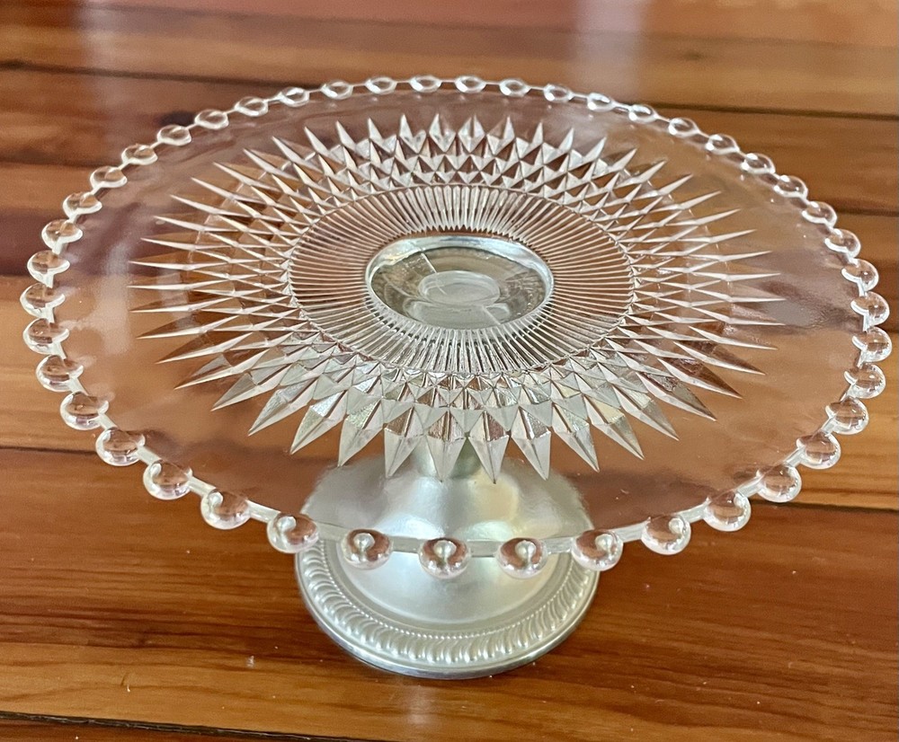 Vtg Shrewsbury Nickel~Silver removable Bottom Glass Pedestal Cake Stand 6.75”