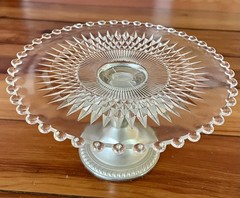 Vtg Shrewsbury Nickel~Silver removable Bottom Glass Pedestal Cake Stand 6.75”