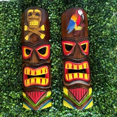 Set of 2 Tiki Wall Masks Hand Carved Wood 19.75 in Parrot Skull Decor