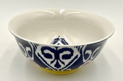 Anthropologie Footed Cereal Rice Bowl Ikat Design Blue White Yellow Pink 6.25 in
