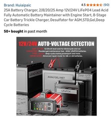 Fully Automatic Battery Charger, 25A 2/8/20/25 Amp 12V/24V LiFePO4 Lead Acid