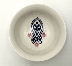 Anthropologie Footed Cereal Rice Bowl Ikat Design Blue White Yellow Pink 6.25 in