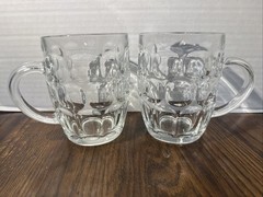 ARCOROC FRANCE Vtg Clear Glass Thumbprint Beer Barrel Heavy Mug Stein Dimple (2)