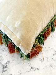 Vintage Handmade Wool Needlepoint Pillow Flowers Tassel Fringe Velvet 21″ x 11″