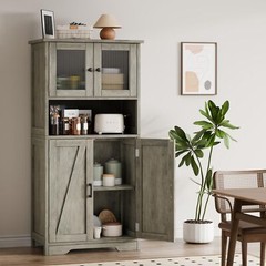 Kitchen Pantry Cabinet w/Glass Doors & Shelves,Farmhouse Storage Cabinet Modern