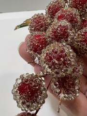 Vintage Sugared Beaded Red Faux Grapes 3 Bundles 7” MCM Glitter Green Leaves