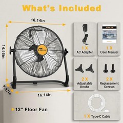 Floor Fan 12″ For Dewalt 20V Max Battery W/AC Adapter High Velocity Cooling Fan