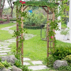 7 ft Natural Wooden Backyard Pergola w/ Side Panel for Climbing Vines
