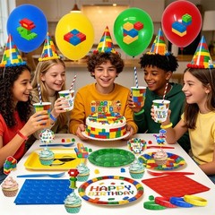 224Pcs Building Block Birthday Decorations, ALL-IN-1 Colorful Blocks Plates a…