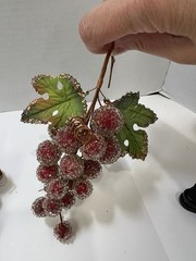 Vintage Sugared Beaded Red Faux Grapes 3 Bundles 7” MCM Glitter Green Leaves