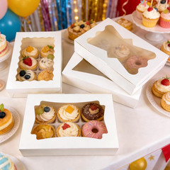 24 PCS 4 Style 12X8X2.5 Inches White Bakery Boxes with Window Cookie Boxes Treat