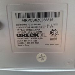 ORECK Xl Professional Air Purifier Type 2 Model AirPcs 120 Volts 60HZ 85 Watts