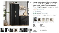 Homzbesy Kitchen Pantry Cabinet with 4 Doors and Adjustable Shelves Black