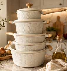 Beige Non-Stick Aluminum 7-Piece Pan Set w/ Lids Saucepan Casserole Saute