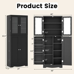 63.5″ Tall Kitchen Pantry Storage Cabinet w/ Glass Door Storage Shelves Black