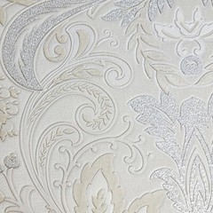 Beige tan silver metallic faux fabric textured floral victorian damask Wallpaper