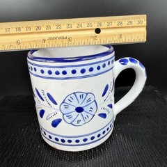 Le Souk Ceramique Tunisia Blue White Hand Painted Floral Coffee Mugs Set 2 READ