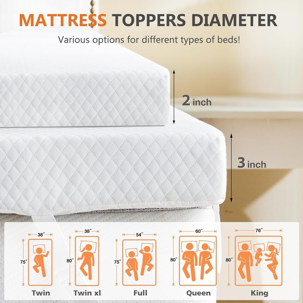 DUMOS HOME Comfy Memory Foam Mattress Topper w/Removable Cover&Elastic Straps