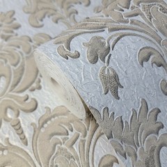 Ivory silver tan gold metallic crashed foil textured victorian damask Wallpaper