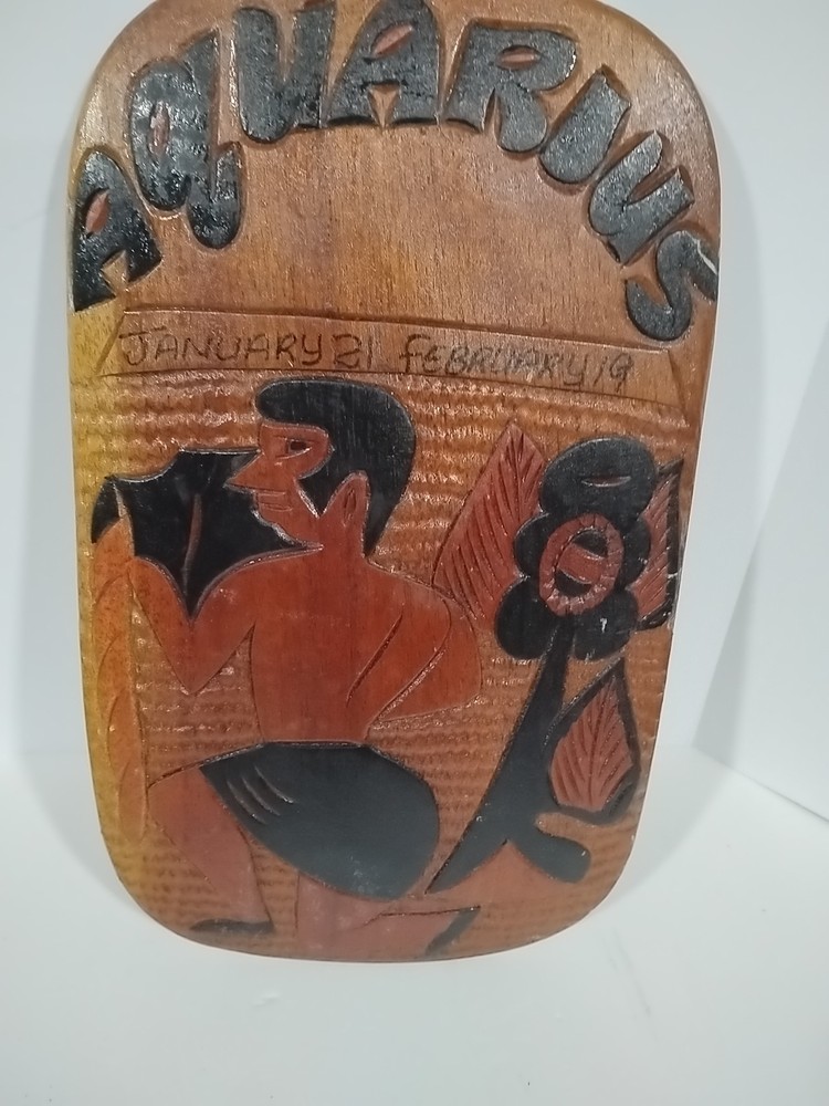Vintage Handmade Carved Wooden Aquarius Zodiac Wall Plaque Signed by Artist Hays