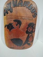 Vintage Handmade Carved Wooden Aquarius Zodiac Wall Plaque Signed by Artist Hays