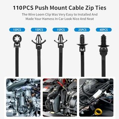Automotive Installation Push Mount Cable Zip Ties Assorted Sizes, 110 PCS Black