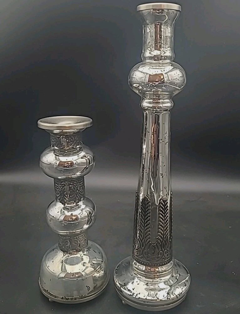 Pottery Barn Set Of 2 Madeline Candlestick Holders Mercury Glass Iron Silver