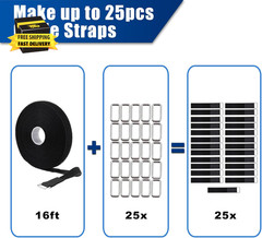 1 Inch X 16 Ft Adjustable Hook and Loop Cable Straps with 25 Metal Buckles, Cut-