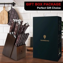 SANMEHO 16-Piece Stainless Steel Knife Block Set Knives+Sharpener